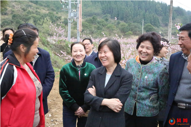 在永顺县石堤镇友谊村黄桃种植基地，沈跃跃一行与正在基地劳动的妇女拉起了家常，谈起国家精准扶贫战略实施后，村里产业兴旺的好光景，大伙儿都喜上眉梢.png